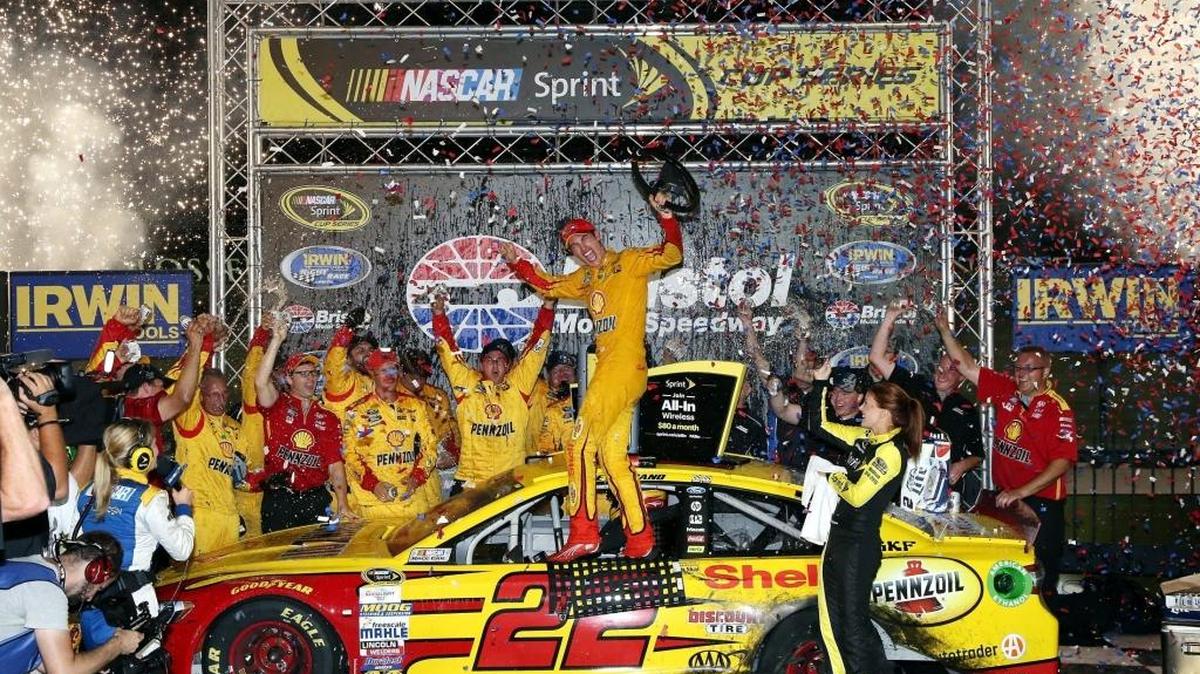 Joey Logano celebrates after winning the night race at Bristol Motor Speedway last year. Logano’s victory was his third of six in 2015.