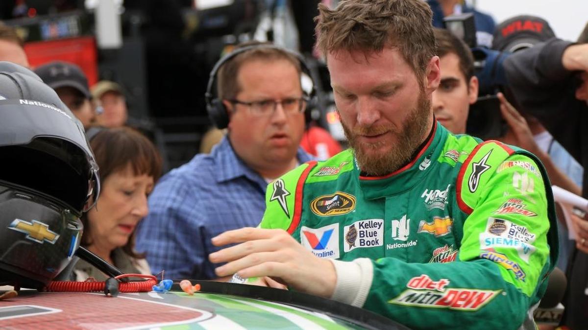 Dale Earnhardt Jr. reacts on pit road after finishing second in Sunday’s CampingWorld.com 500 at Talladega Superspeedway in Talladega, Ala. Earnhardt needed to win to advance to the third round of the Chase.