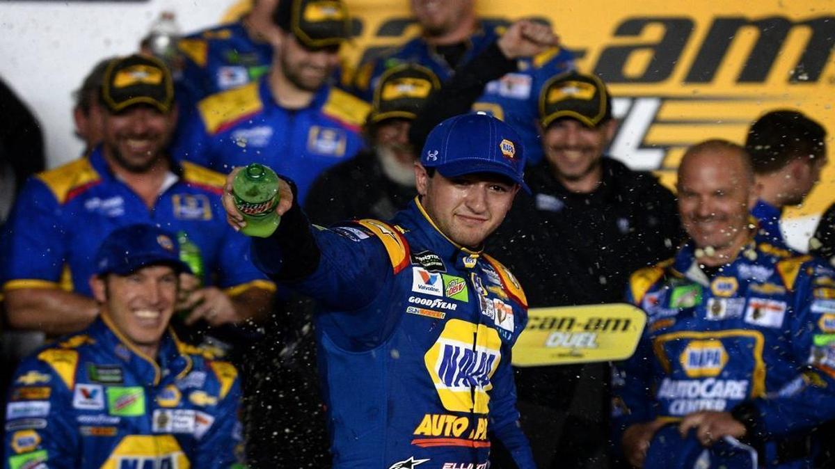 NASCAR driver Chase Elliott celebrates winning Thursday’s first Can-Am Duel race in Victory Lane at Daytona International Speedway. Elliott earned the pole for Sunday’s Daytona 500 race at Daytona International Speedway last Sunday.