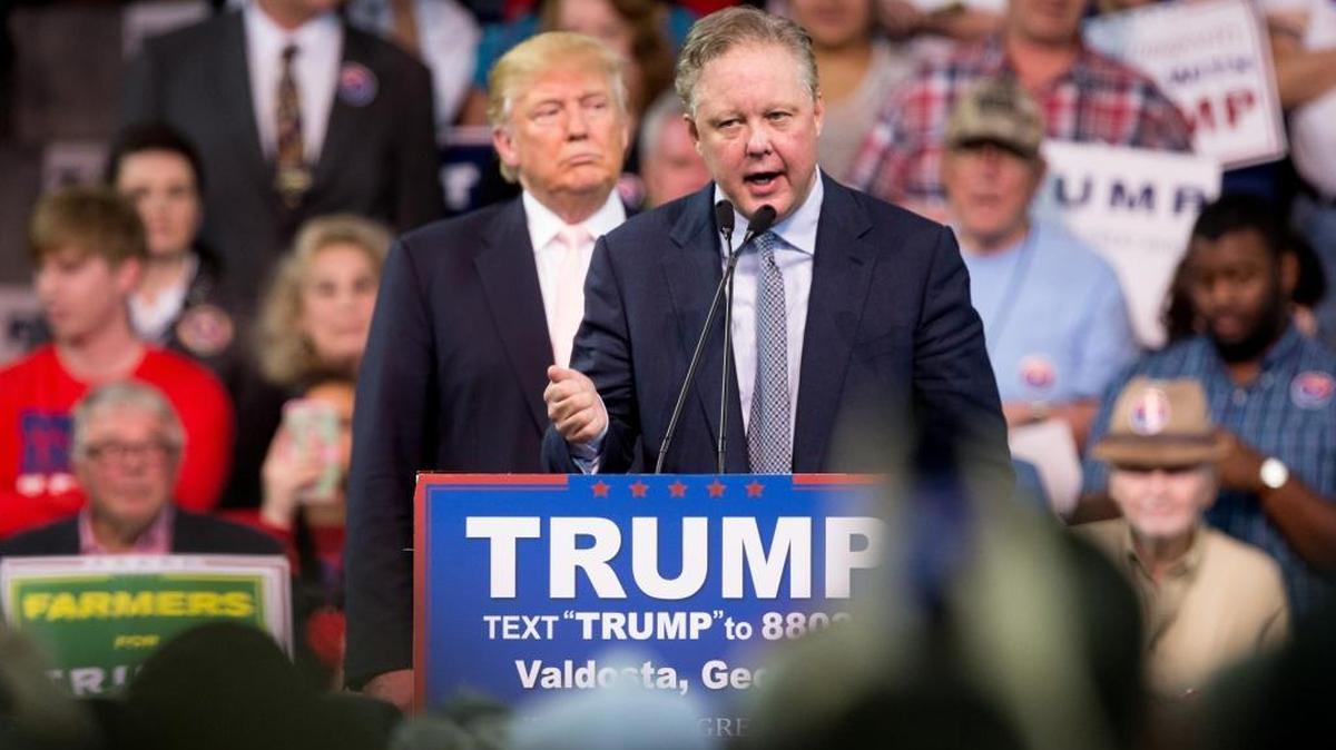 NASCAR Chairman and CEO Brian France, right, endorsed Republican presidential candidate Donald Trump, left, at a rally at Valdosta State University on Monday.