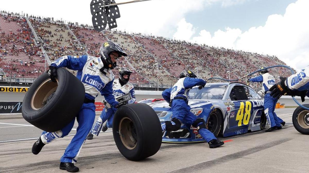 Jimmie Johnson pits during the Aug. 28 NASCAR Sprint Cup Series auto race at Michigan International Speedway in Brooklyn, Mich.