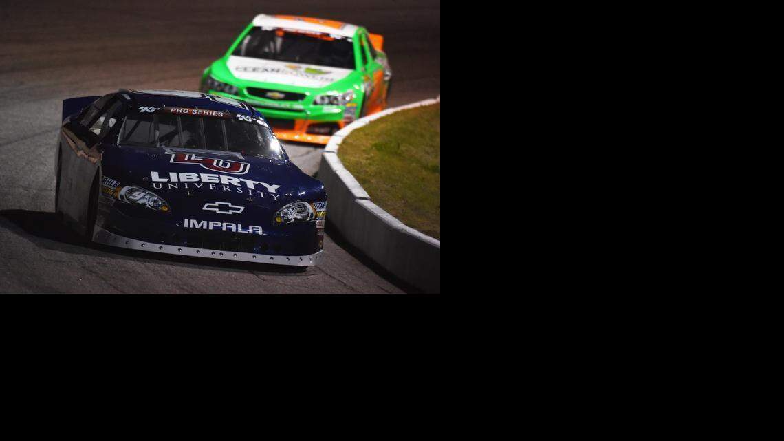 William Byron leads Kannapolis’ Daniel Hemric in the K&N Pro Series East second race this season. Hemric earned the pole, but Byron out-maneuvered him at the start of the race to take the lead and never relinquished it.