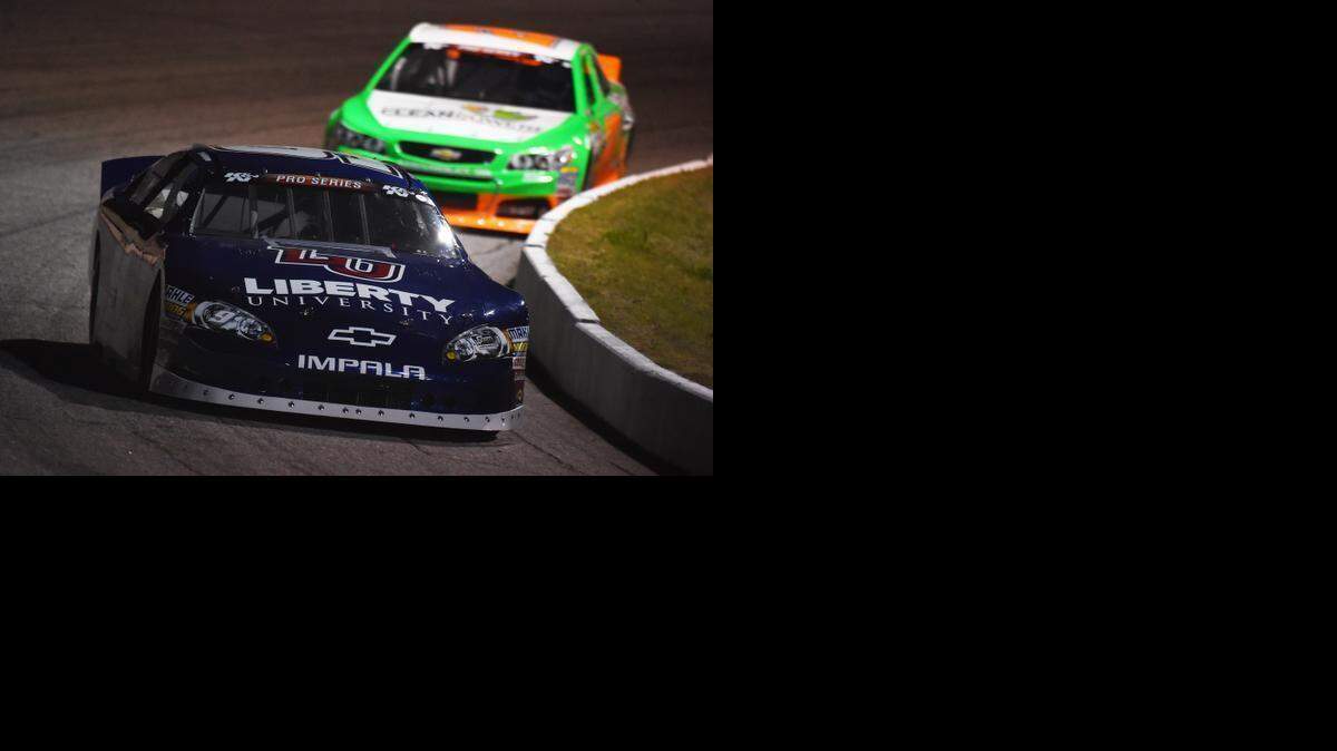 William Byron leads Kannapolis’ Daniel Hemric in the K&N Pro Series East second race this season. Hemric earned the pole, but Byron out-maneuvered him at the start of the race to take the lead and never relinquished it.