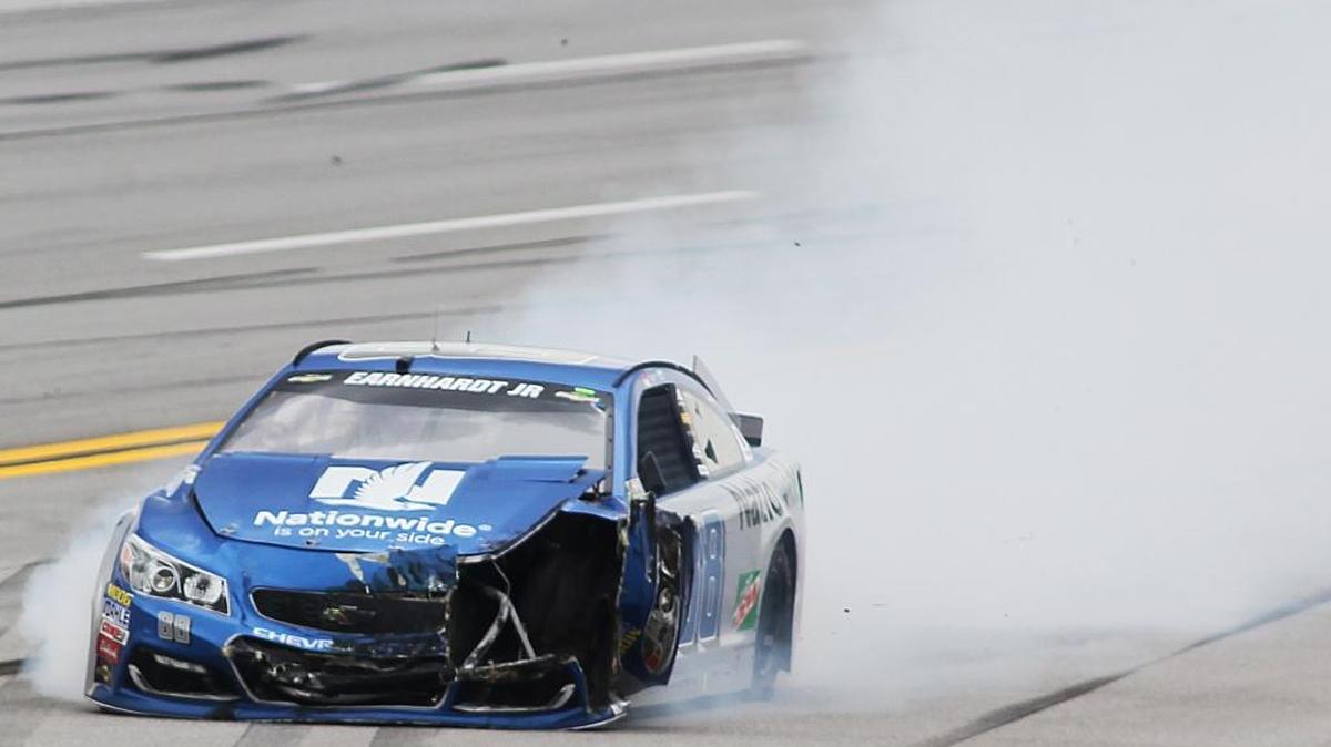 Dale Earnhardt Jr. wrecks near Turn 2 during the NASCAR Talladega auto race at Talladega Superspeedway, Sunday, May 1, 2016, in Talladega, Ala.