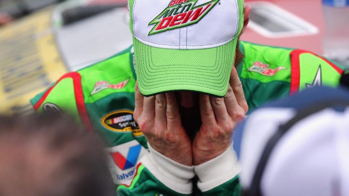 Dale Earnhardt Jr. reacts on pit road after Sunday’s NASCAR Sprint Cup Series CampingWorld.com 500 at Talladega Superspeedway in Talladega, Ala.