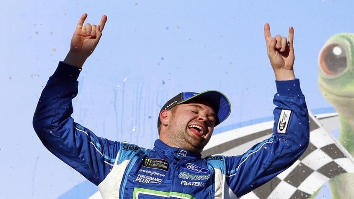 Ricky Stenhouse Jr. (17) celebrates after winning Sunday’s Geico 500 auto race at Talladega Superspeedway in Talladega, Ala.