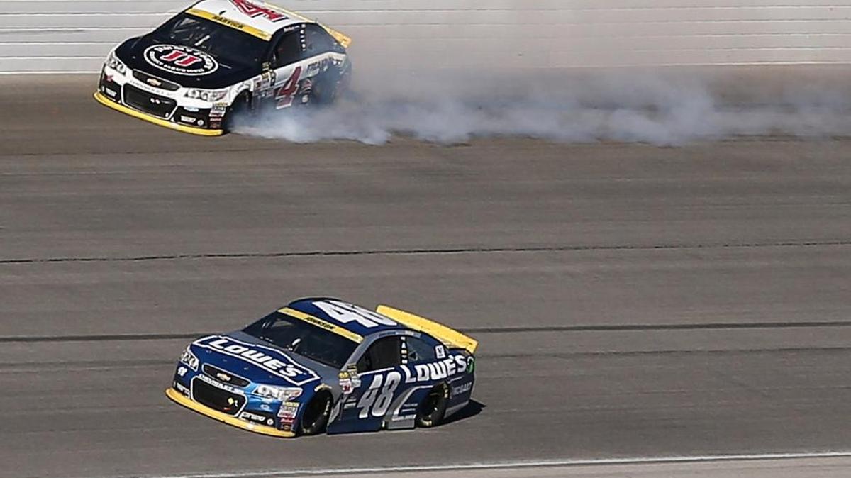 
Kevin Harvick (4) spins after contact with Jimmie Johnson (48) at Chicagoland Speedway on Sep. 20. An angry Harvick confronted Johnson about the accident after the race.
