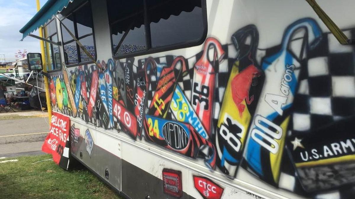 Ontario woman’s camper has won Charlotte Motor Speedway’s Camper Decorating Contest four years in a row with vehicle covered in hundreds of custom paintings and murals.