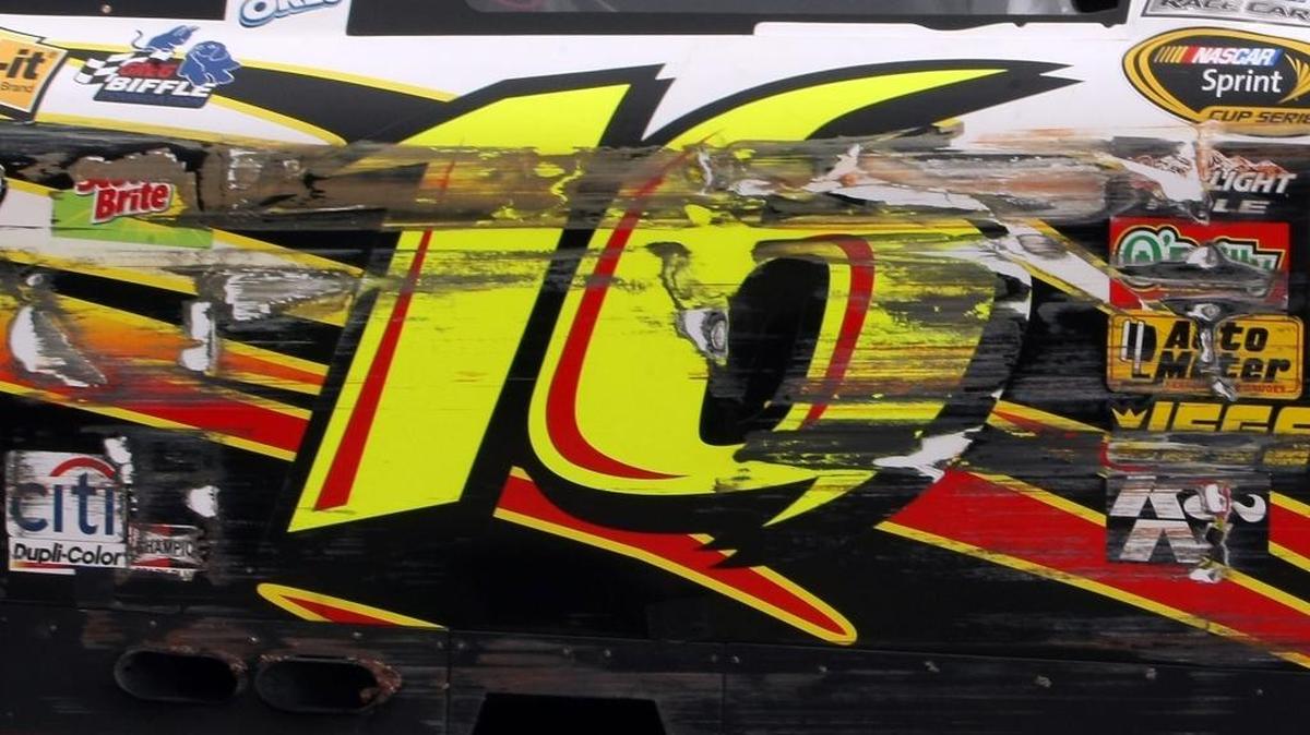 
The No. 16 3M Ford, driven by Greg Biffle, shows the 'Darlington Stripe' on the side of the car after hitting the wall during for the NASCAR Sprint Cup Series Southern 500 on May 8, 2009 at Darlington Raceway in Darlington, S.C. 
