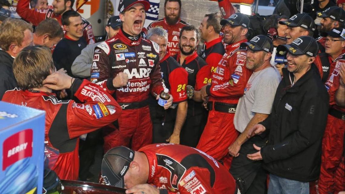 Jeff Gordon celebrates winning the Goody’s 500 at Martinsville Speedway.
