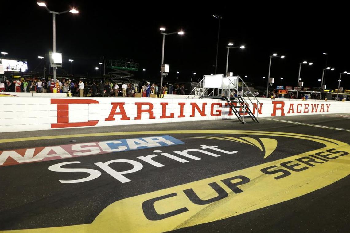 A view of the Darlington Raceway logo on the front straight SAFER barrier after the crew of Carl Edwards, driver of the #19 ARRIS Toyota, used tape to make it say “Carlington” to celebrate Edwards’ victory in the NASCAR Sprint Cup Series Bojangles’ Southern 500 at Darlington Raceway on September 6, 2015 in Darlington, South Carolina. (Photo by Kena Krutsinger/Getty Images)