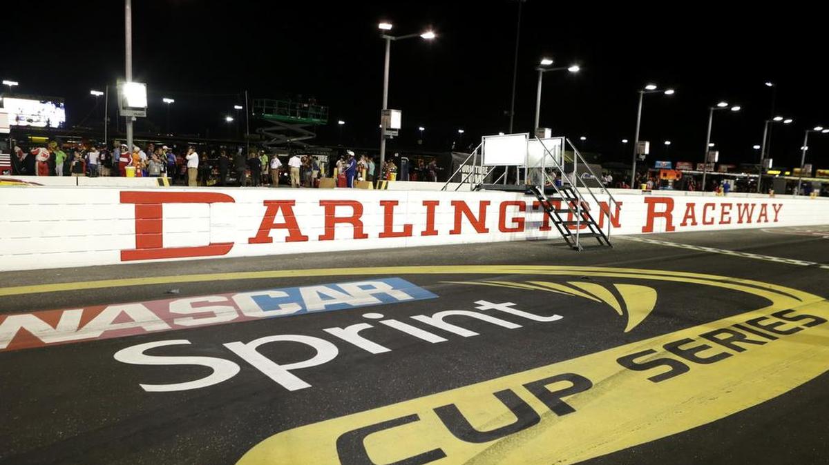 A view of the Darlington Raceway logo on the front straight SAFER barrier after the crew of Carl Edwards, driver of the #19 ARRIS Toyota, used tape to make it say “Carlington” to celebrate Edwards’ victory in the NASCAR Sprint Cup Series Bojangles’ Southern 500 at Darlington Raceway on September 6, 2015 in Darlington, South Carolina. (Photo by Kena Krutsinger/Getty Images)
