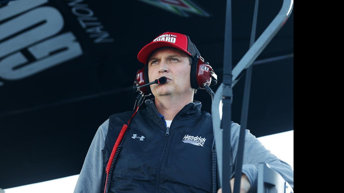 Steve Letarte looks on from the pit box during the NASCAR Sprint Cup Series Goody’s Headache Relief Shot 500 at Martinsville Speedway on Oct. 26, 2014 in Martinsville, Va.