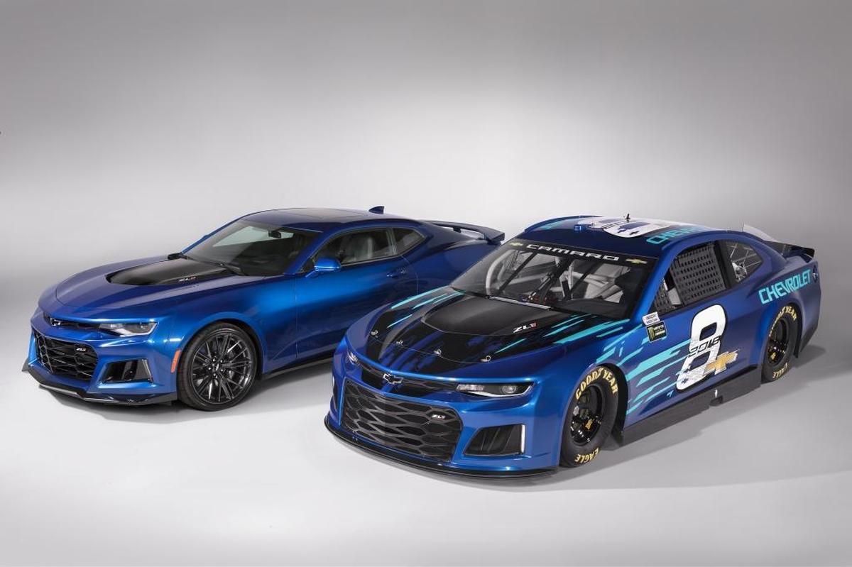Chevy’s unveiling on Thursday of its 2018 Chevrolet Camaro ZL1 for NASCAR’s Cup Series included several photos of the street car, left, and racing namesake side by side.