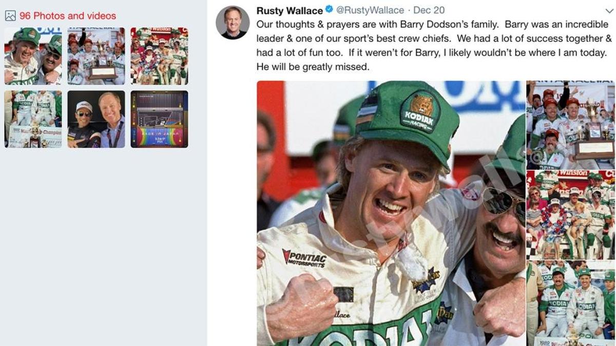 Former NASCAR driver Rusty Wallace, who won the Cup Series championship in 1989 with Barry Dodson as his crew chief, posted thoughts and photos from that season on Twitter.