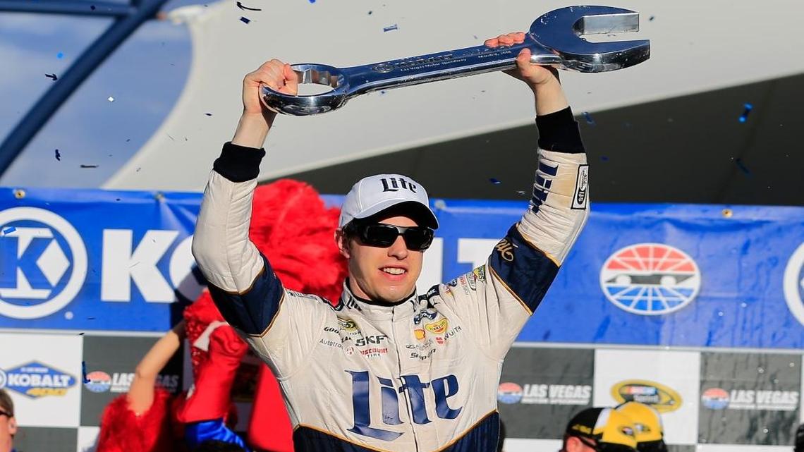Brad Keselowski celebrates after winning Sunday’s NASCAR Sprint Cup Series Kobalt 400 at Las Vegas Motor Speedway.