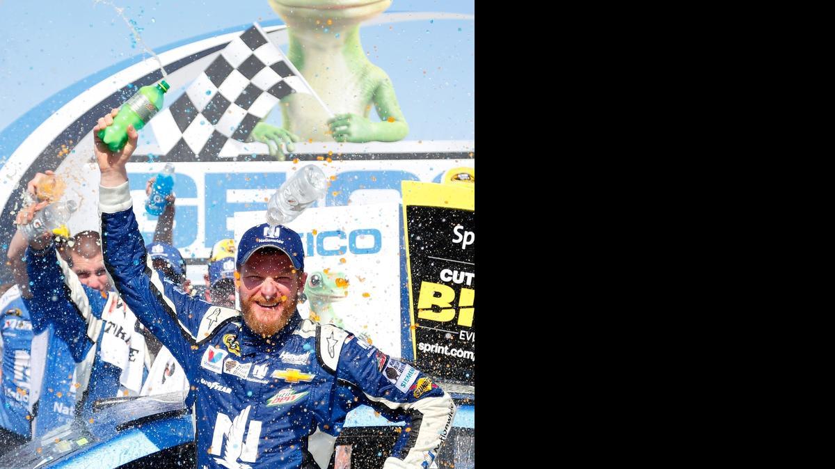 
Dale Earnhardt Jr. celebrates in victory lane after winning Sunday’s NASCAR Sprint Cup Series GEICO 500 at Talladega Superspeedway on May 3, 2015 in Talladega, Ala.
