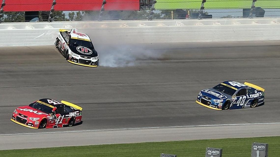 
Kevin Harvick’s car spins after contact Sunday with Jimmie Johnson’s No. 48. Harvick was none too happy with the incident and confronted Johnson after the race.


