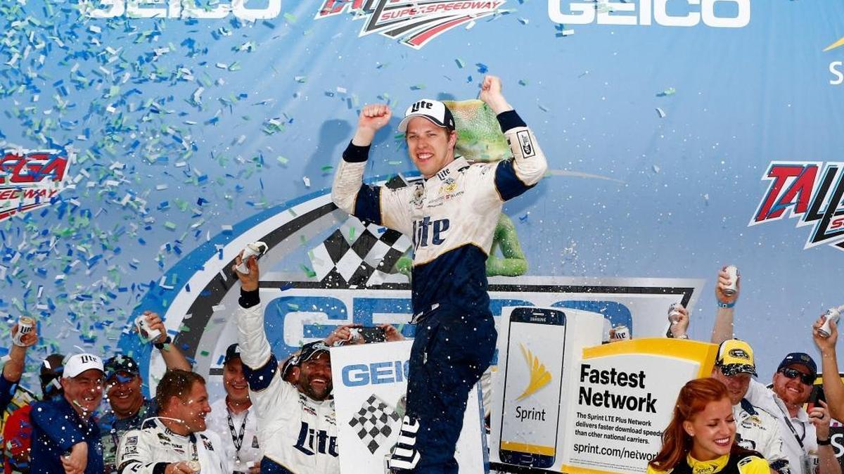 Brad Keselowski, driver of the #2 Miller Lite Ford, celebrates in Victory Lane after winning the NASCAR Sprint Cup Series GEICO 500 at Talladega Superspeedway on May 1, 2016 in Talladega, Alabama.
