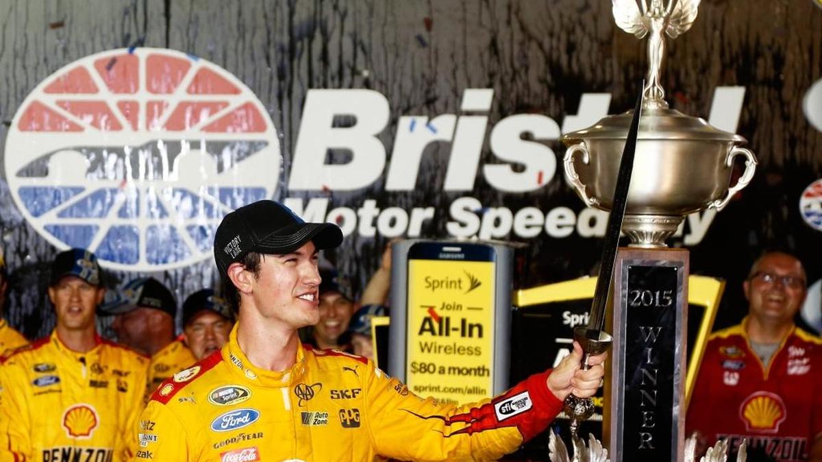 
Joey Logano holds a sword presented to him after winning Saturday night’s Irwin Tools Night Race at Bristol Motor Speedway Motor Speedway in Bristol, Tenn. 


