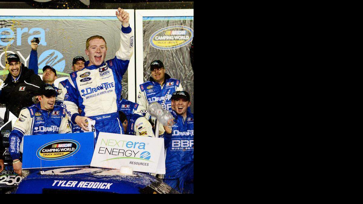 
Tyler Reddick celebrates after winning the NextEra Energy Resources 250 at Daytona International Speedway on Friday. 
