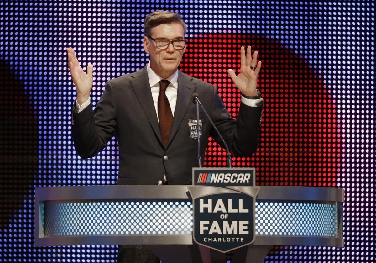 Ray Evernham speaks during Friday’s NASCAR Hall of Fame induction ceremony.
