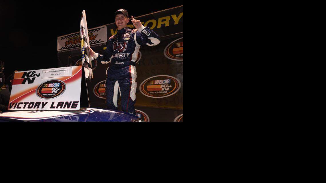 
William Byron celebrates his first NASCAR K&N Pro Series East victory at Greenville-Pickens Speedway. 
