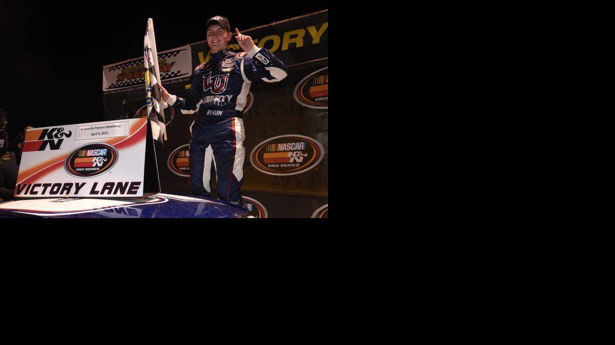 
William Byron celebrates his first NASCAR K&N Pro Series East victory at Greenville-Pickens Speedway. 
