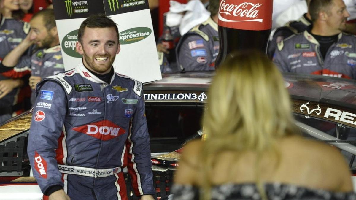 Austin Dillon celebrates after winning the 2017 Coca-Cola 600, the Monster Energy NASCAR Cup Series race at Charlotte Motor Speedway.