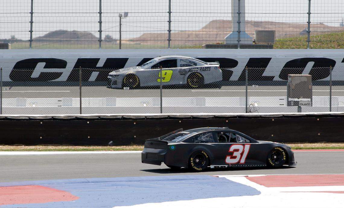 CHARLOTTE, NC - JULY 10:  Ryan Newman in the 31 car chases down Chase Elliott in the number 9 car during testing at The Roval at Charlotte Motor Speedway on July 10, 2018 in Charlotte, North Carolina.  (Photo by Bob Leverone/Getty Images)