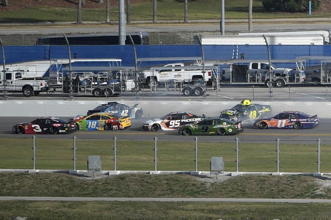 Kyle Larson (42) and Jimmie Johnson (48) begin a multicar accident on the final lap of The Clash as Austin Dillon (3), Kyle Busch (18), Kasey Kahne (95), Chase Elliott (9) and Denny Hamlin (11) try to avoid them during Sunday’s race at Daytona International Speedway.