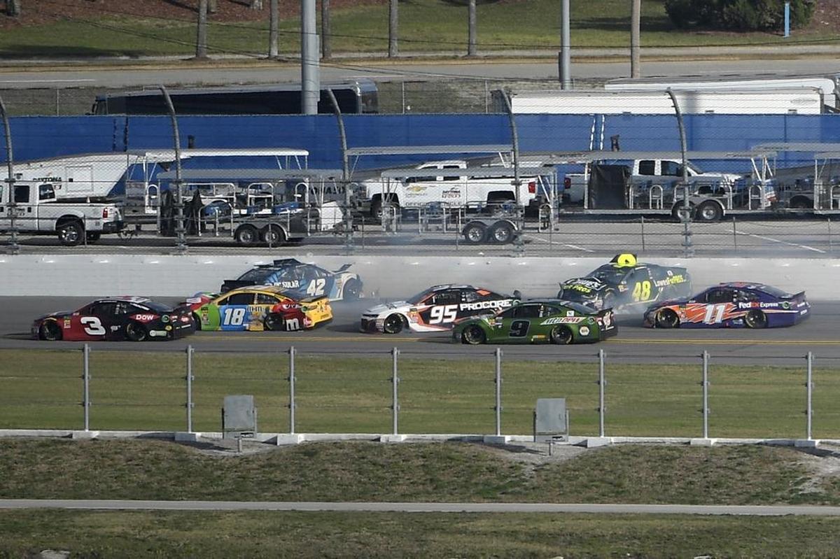 Kyle Larson (42) and Jimmie Johnson (48) begin a multicar accident on the final lap of The Clash as Austin Dillon (3), Kyle Busch (18), Kasey Kahne (95), Chase Elliott (9) and Denny Hamlin (11) try to avoid them during Sunday’s race at Daytona International Speedway.