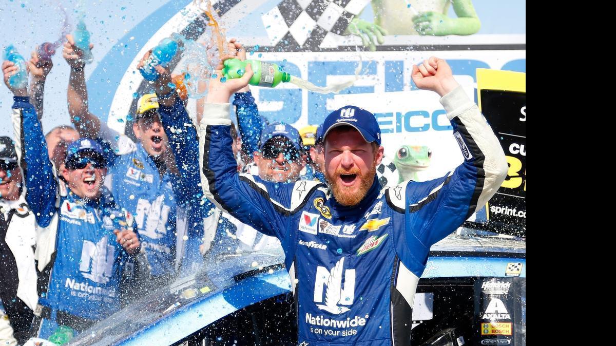 
Dale Earnhardt Jr. celebrates in victory lane after winning Sunday’s NASCAR Sprint Cup Series GEICO 500 at Talladega Superspeedway on May 3, 2015 in Talladega, Ala.
