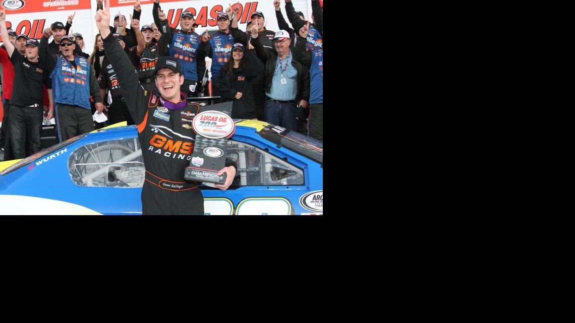 
Grant Enfinger celebrates in victory lane at Daytona. It’s the second consecutive year the Huntersville resident has won the ARCA Racing Series season opener. 

