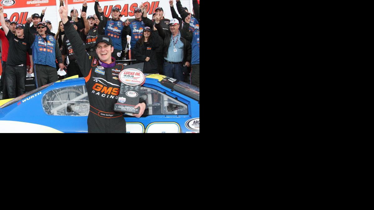 
Grant Enfinger celebrates in victory lane at Daytona. It’s the second consecutive year the Huntersville resident has won the ARCA Racing Series season opener. 
