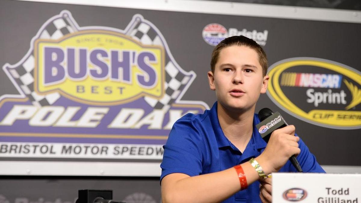 Todd Gilliland speaks to the media during practice for the NASCAR K&N Pro Series East PittLite 125 at Bristol Motor Speedway on April 14 in Bristol, Tenn.