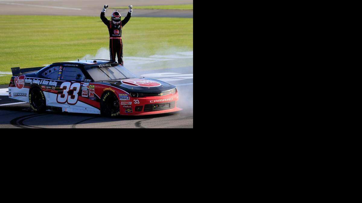 
Austin Dillon emerges triumphant from his car after a celebratory burnout after winning Saturday’s Xfinity Series Boyd Gaming 300 at Las Vegas Motor Speedway.
