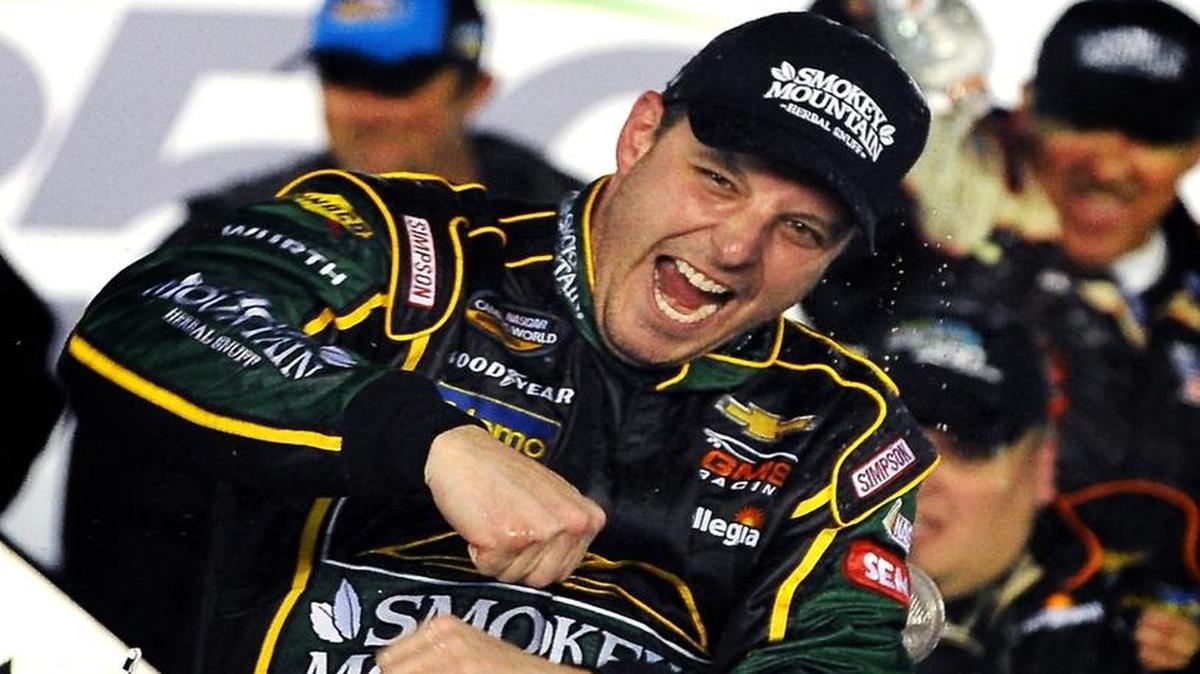 NASCAR Camping World Truck Series driver Johnny Sauter celebrates his victory in the NextEra Energy Resources 250 on Friday at Daytona International Speedway in Daytona Beach, Fla.