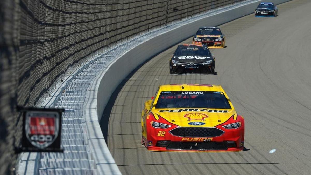 Joey Logano, driver of the #22 Shell Pennzoil Ford, races during the NASCAR Sprint Cup Series FireKeepers Casino 400 at Michigan International Speedway on June 12, 2016 in Brooklyn, Michigan.