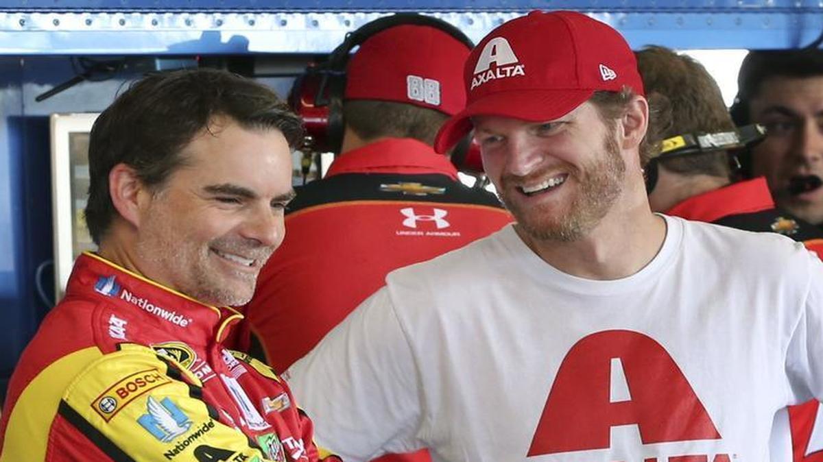 Dale Earnhardt Jr. (right) visited substitute driver Jeff Gordon (left) and his No. 88 Chevy team earlier this month at Watkins Glen (N.Y.) International.