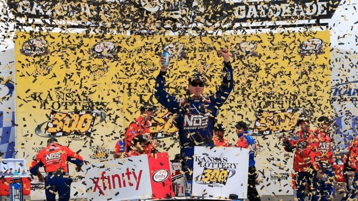 Sprint Cup star Kyle Busch won the Xfinity race at Kansas Speedway on Oct. 15.
