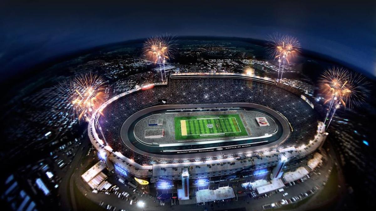 This artist rendering provided by Bristol Motor Speedway shows how the speedway is expected to look on Sept. 10 when Tennessee and Virginia Tech will play a college football game billed as the “Battle of Bristol.” The game will likely set a college football attendance record, with more than 150,000 tickets sold and grandstand tickets sold out.