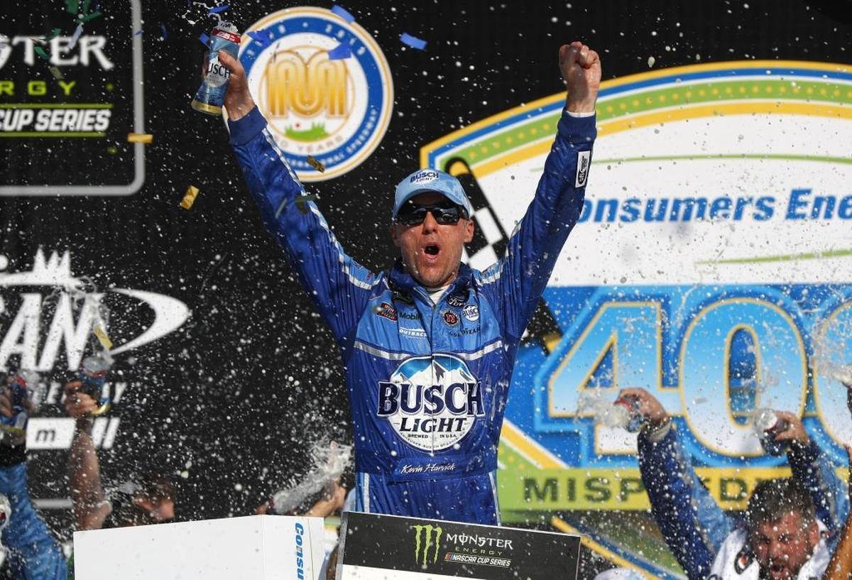 Kevin Harvick celebates Sunday’s win – his 44th career victory at the NASCAR Cup Series level – at Michigan International Speedway.