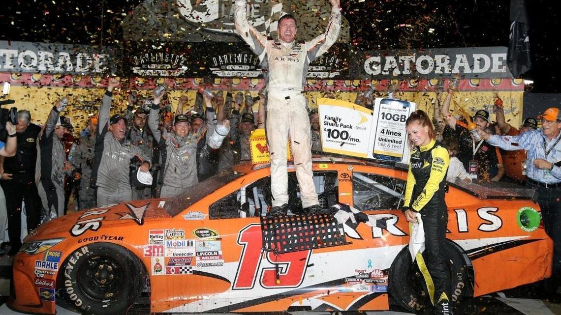 Carl Edwards celebrates winning the 2015 Southern 500 at Darlington (S.C.) Raceway.