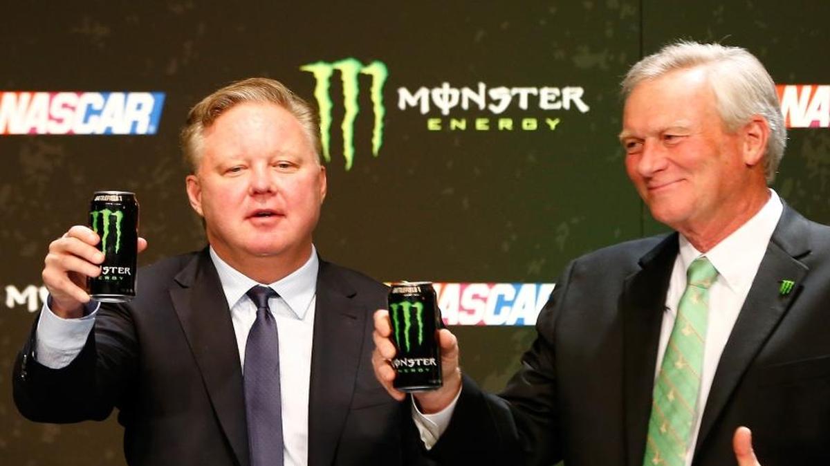 NASCAR CEO and chairman Brian France and Monster Beverage Co. chief marketing officer Mark Hall toast during Thursday’s press conference in Las Vegas. Monster Energy, which has a long history in motorsports, replaces Sprint as the title sponsor of NASCAR's top series.