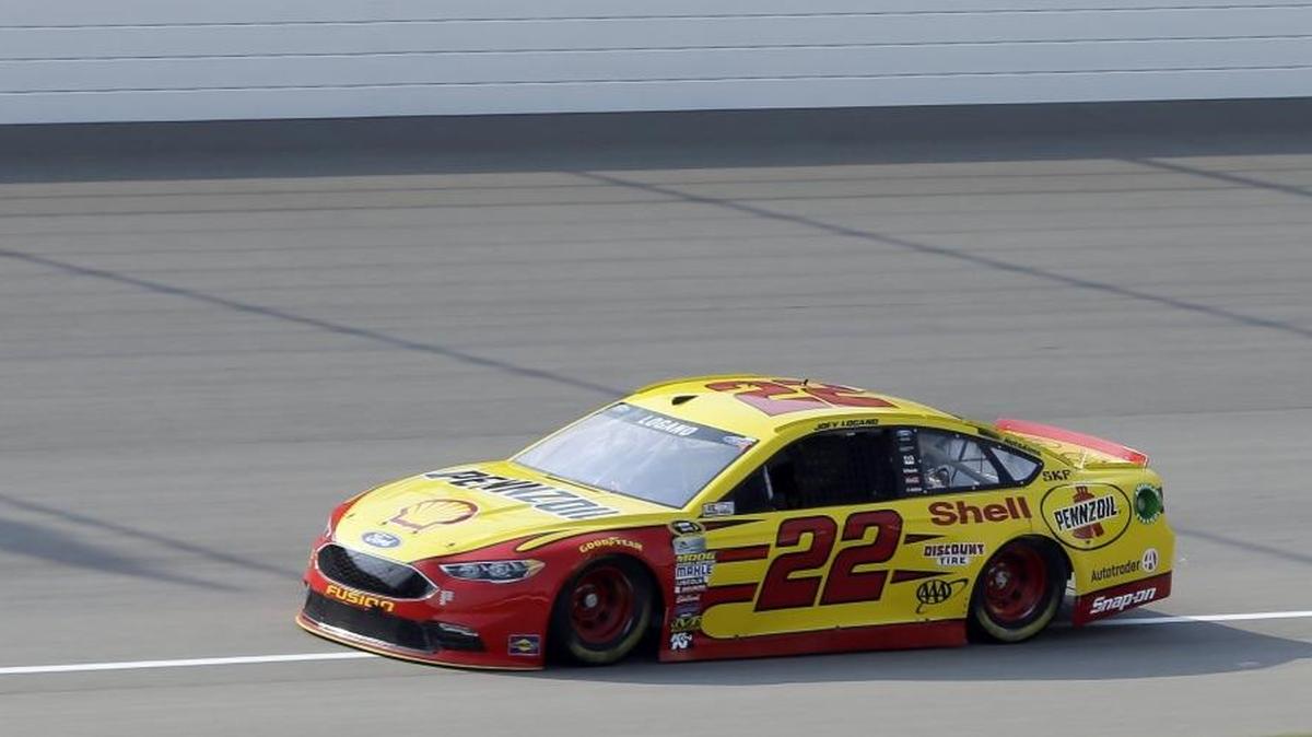 Joey Logano drives during qualifying for the NASCAR Sprint Cup series auto race at Michigan International Speedway, Friday, in Brooklyn, Mich. Logano is the pole sitter for Sunday's race.