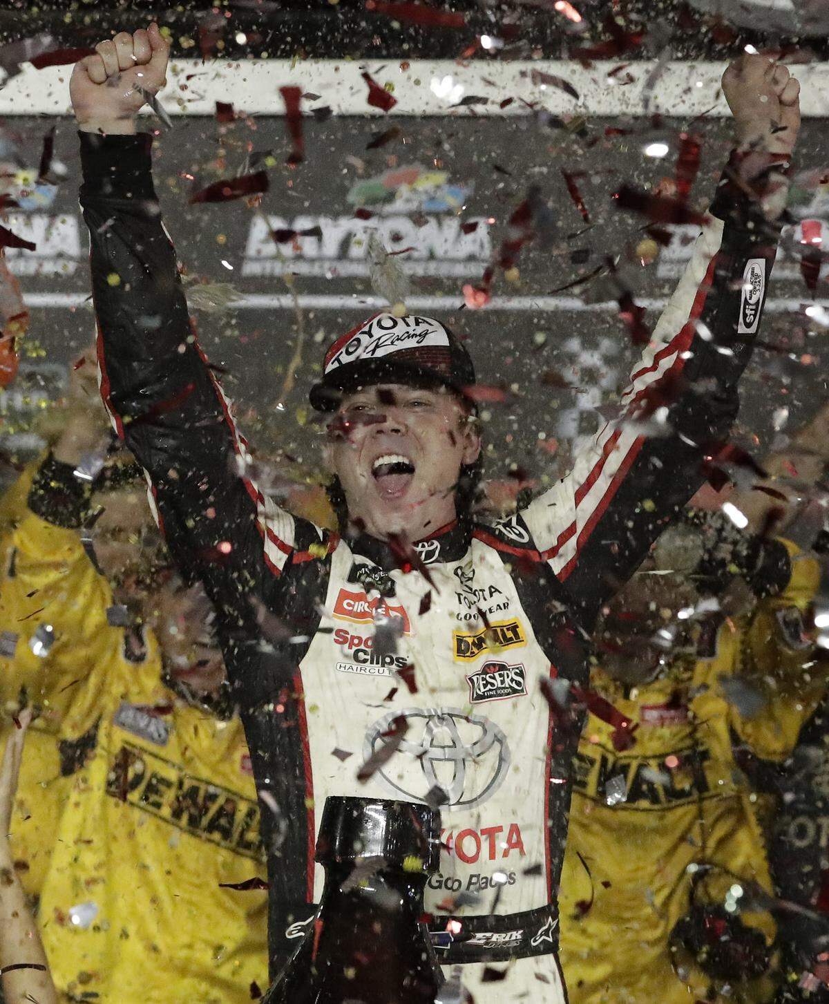 Erik Jones celebrates in Victory Lane after winning the NASCAR Cup Series auto race at Daytona International Speedway, Saturday, July 7, 2018, in Daytona Beach, Fla. (AP Photo/John Raoux)