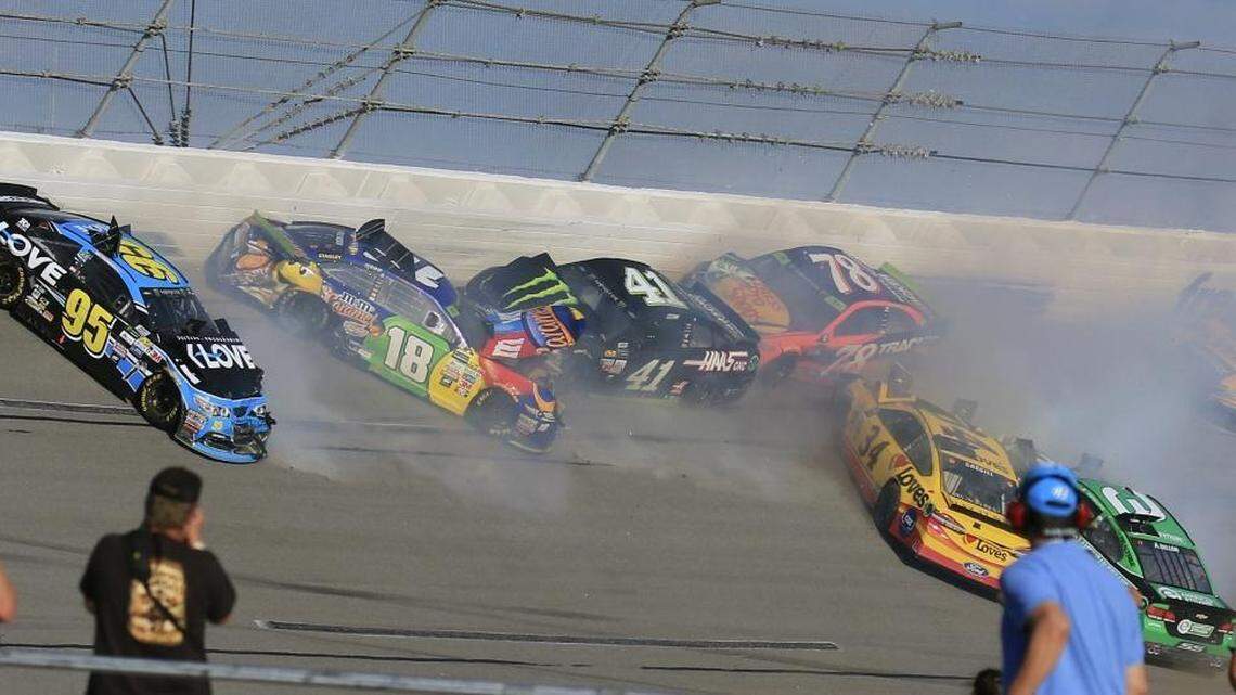 NASCAR Cup Series drivers Kyle Busch (18), Kurt Busch (41), Martin Truex Jr. (78), Michael McDowell (95), Landon Cassill (34) and Austin Dillon (3) crash during Sunday’s Alabama 500 race at Talladega Superspeedway in Talladega, Ala. Multiple playoff drivers (including current leader Truex) didn’t even finish the race, but to be fair, almost no one did.