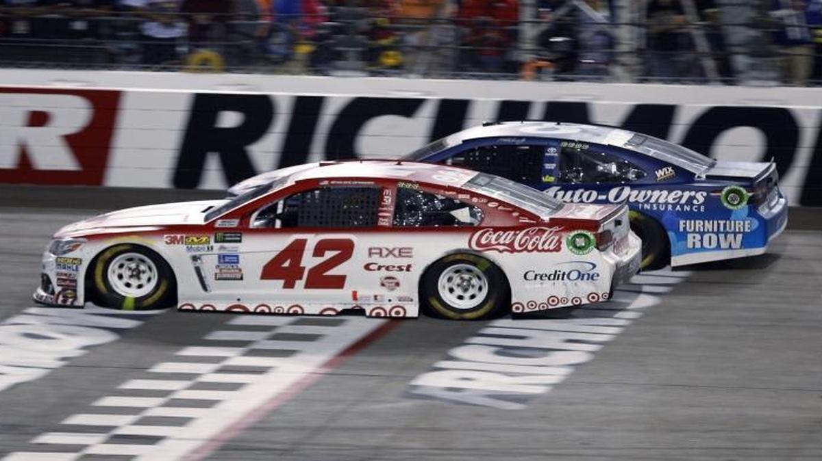 Kyle Larson (42) passes Martin Truex, Jr. (78) earlier this season to win at Richmond. Both NASCAR Cup Series drivers have enjoyed breakout seasons.