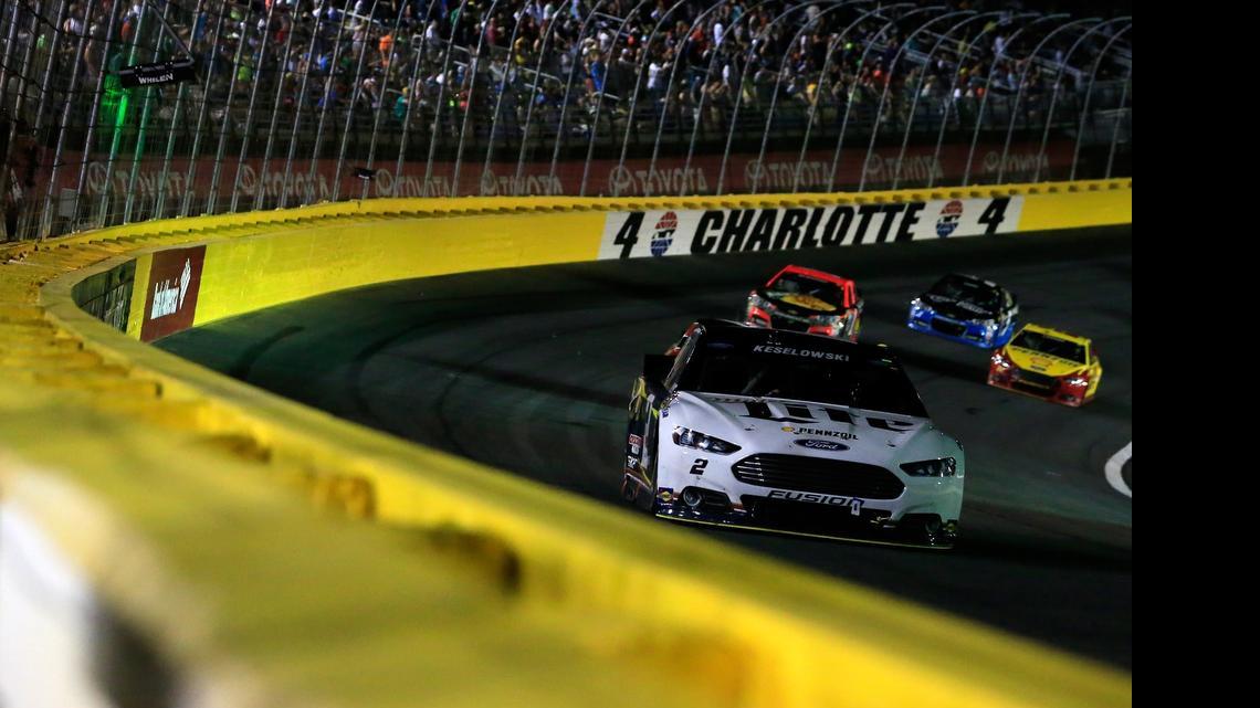 
Brad Keselowski leads a pack of cars during Saturday’s NASCAR Sprint All-Star Race at Charlotte Motor Speedway.



